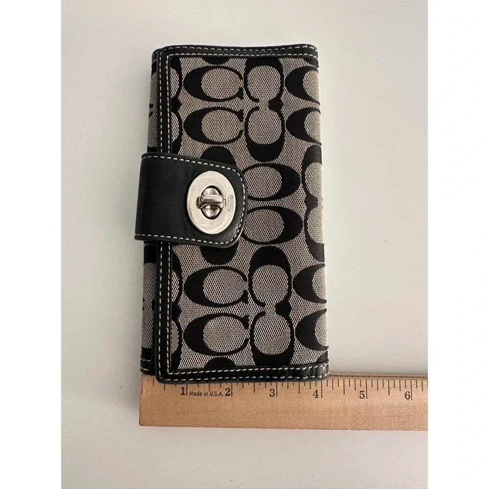 Coach Signature C Monogram Turnlock Trifold Long Wallet Black Canvas Leather Y2K